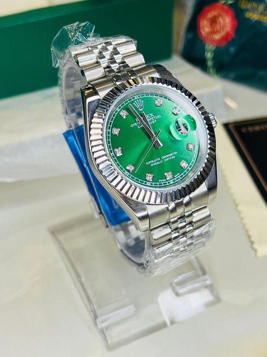 PREMIUM Dark Green DateJust Rolex Silver Chain