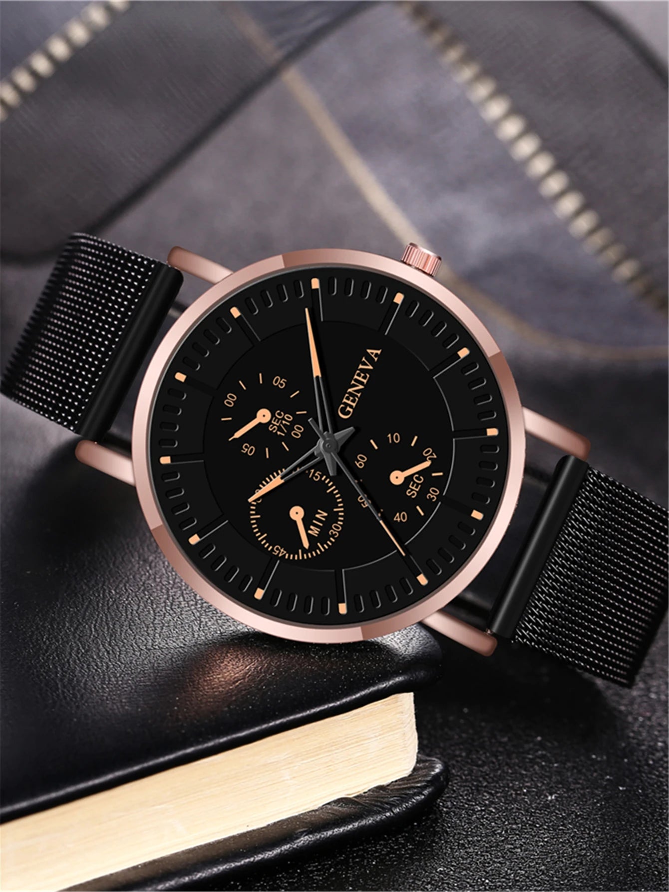 Deep Black Male Commerce Watch Steel Mesh