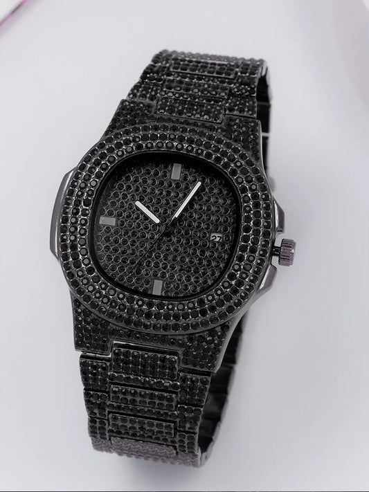 1pcs Fashion Business Calendar Men's Full Diamond Black Steel Band Quartz Watch