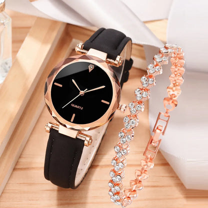 2pcs Luxury Fashion Woman Watch Set Leather Strap