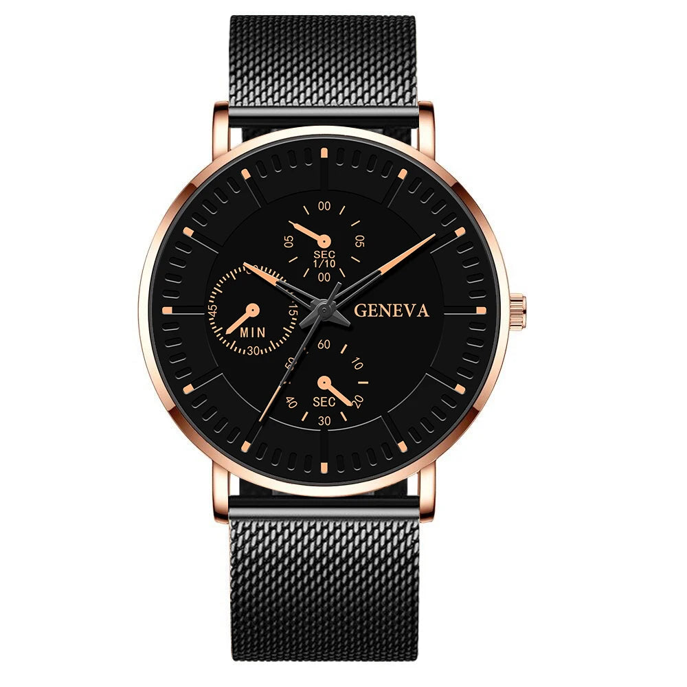 Deep Black Male Commerce Watch Steel Mesh