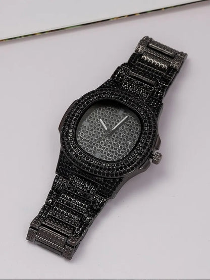 1pcs Fashion Business Calendar Men's Full Diamond Black Steel Band Quartz Watch