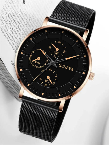 Deep Black Male Commerce Watch Steel Mesh