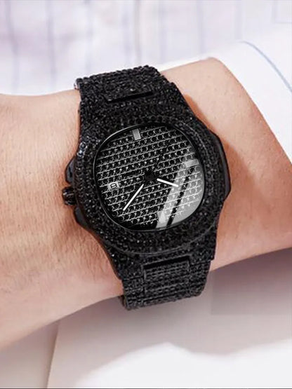 1pcs Fashion Business Calendar Men's Full Diamond Black Steel Band Quartz Watch